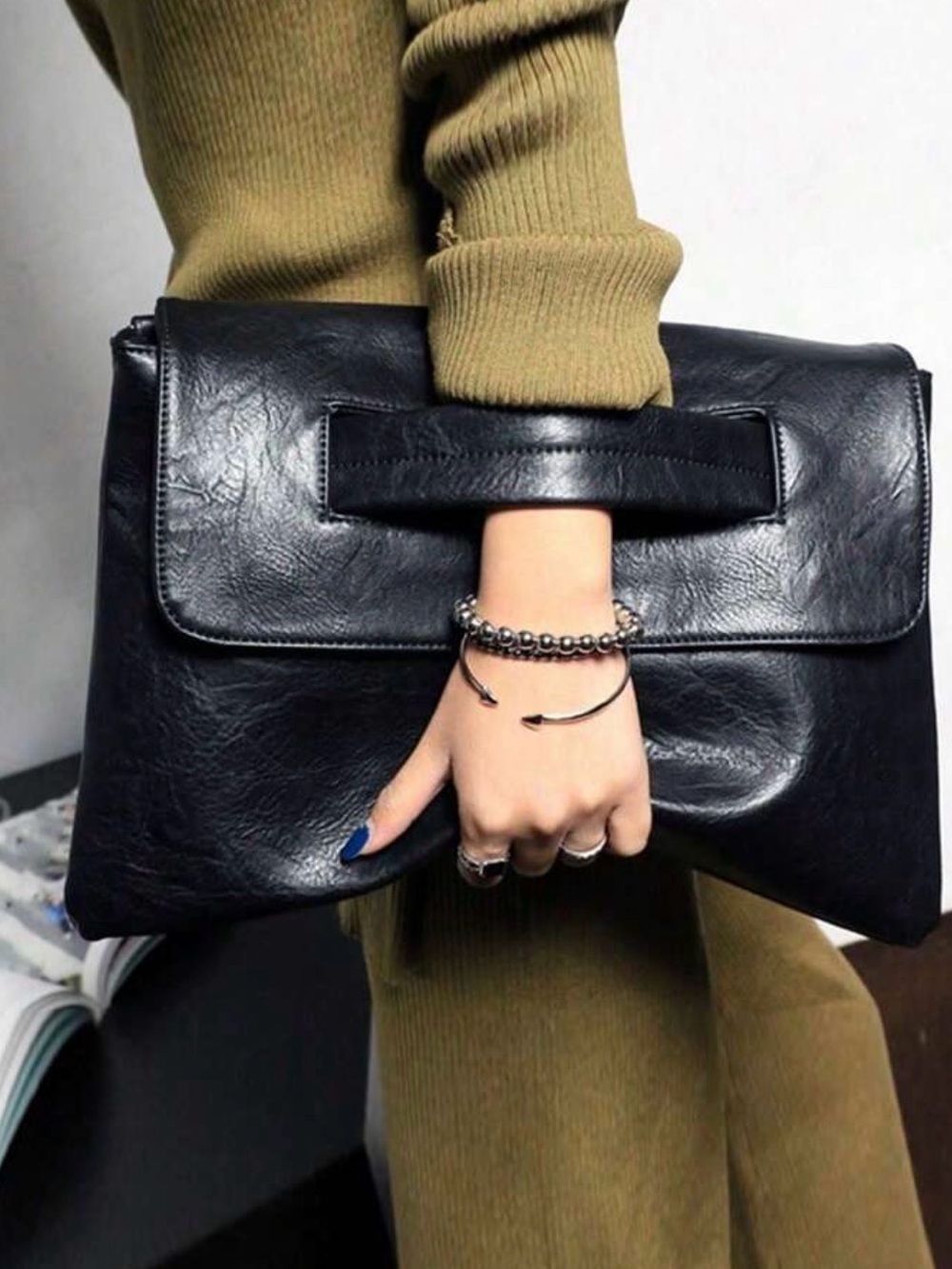 Chic Minimal Black Fold-Over Clutch with Top Handle